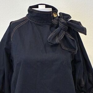 a loves a Denim Puff Sleeve Tie Neck Top Sz XS Dark Wash Equestrian Old Money